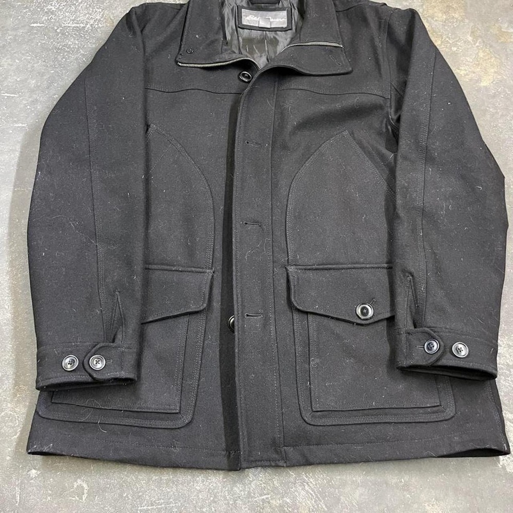 Eddie Bauer Mens Black Wool Trench Coat Vintage Y2K Field Jacket Large